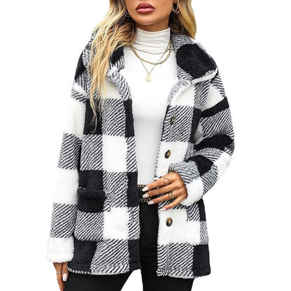Women's plush jacket with trendy check pattern and practical pockets NOVAE
