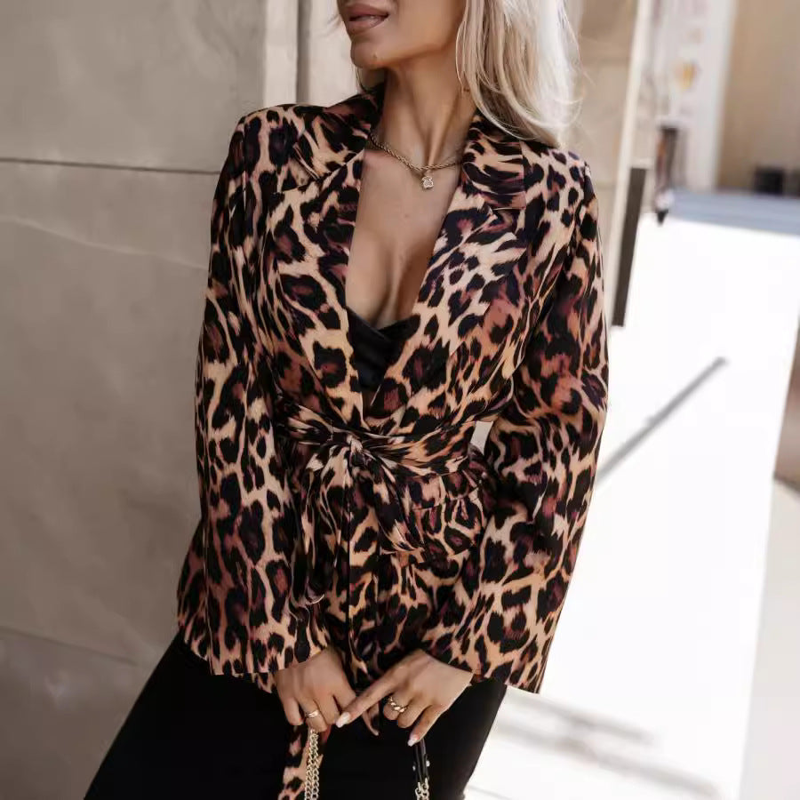 Women's Elegant Blazer Jacket with Animal Print and Accentuated Waist Belt NOVAE