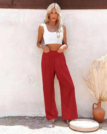 Women's airy linen trousers with elasticated waistband and wide cut NOVAE