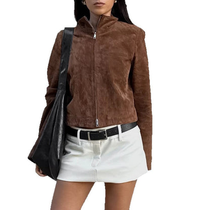 Women's short velour jacket with stand-up collar and side zipper NOVAE