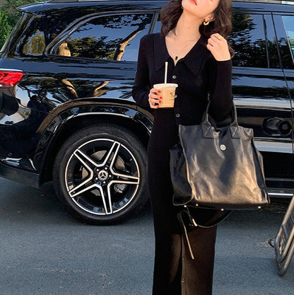 Women's knitted maxi dress with button closure and fashionable collar NOVAE