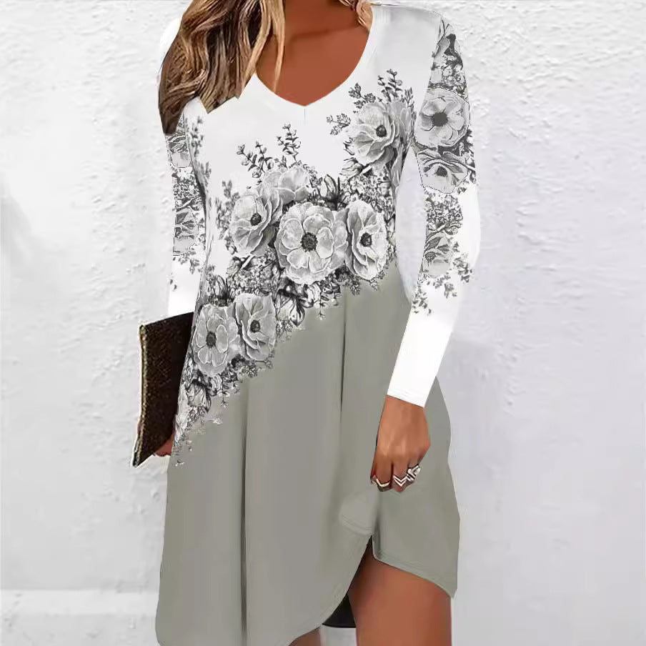 Women's V-neck dress with floral accents and asymmetrical cut NOVAE