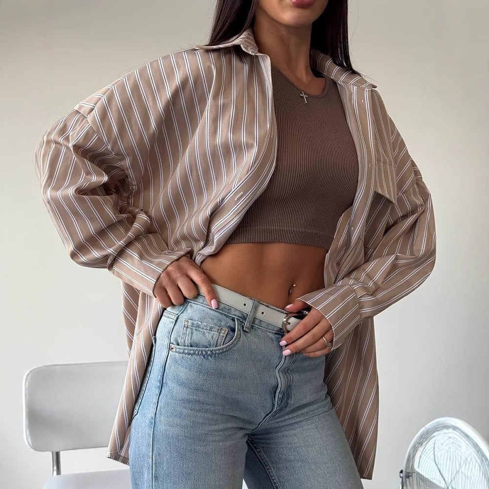 Women's casual long-sleeved blouse with fine stripes NOVAE