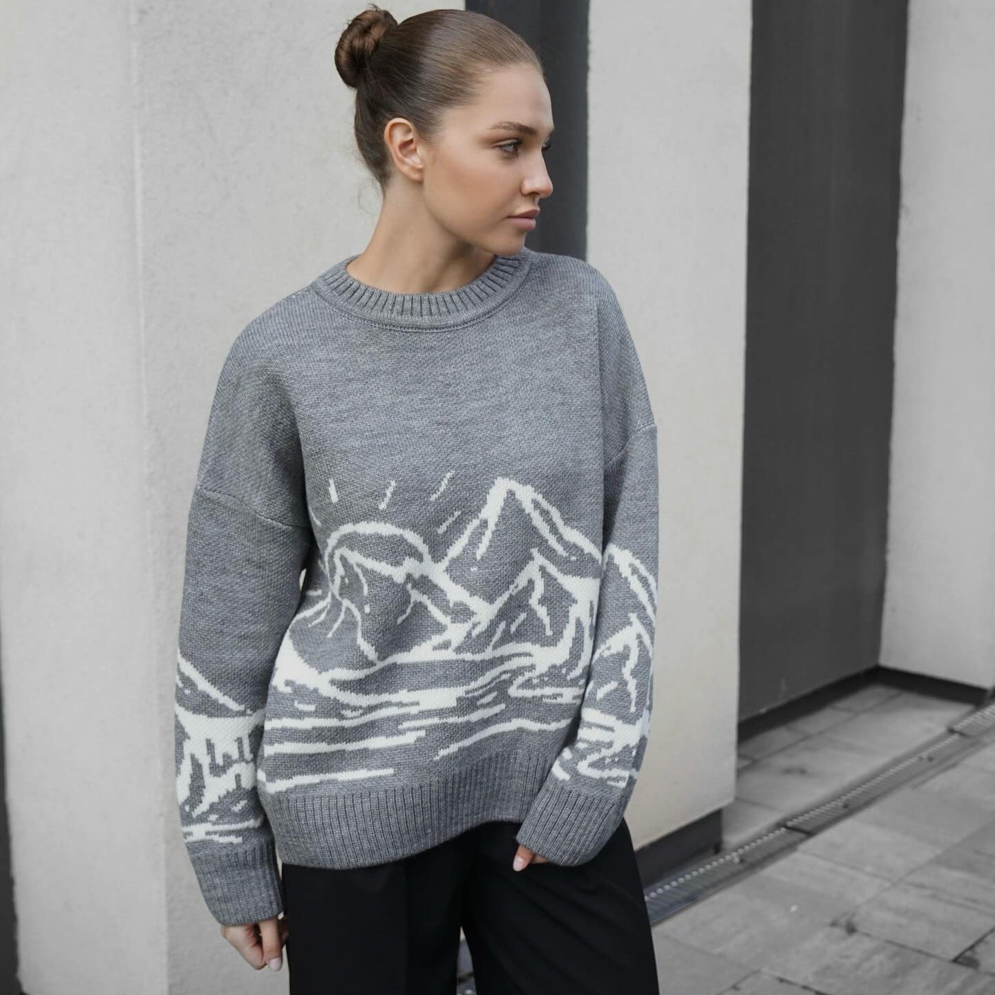 Women's chunky knit sweater with artistic landscape design NOVAE
