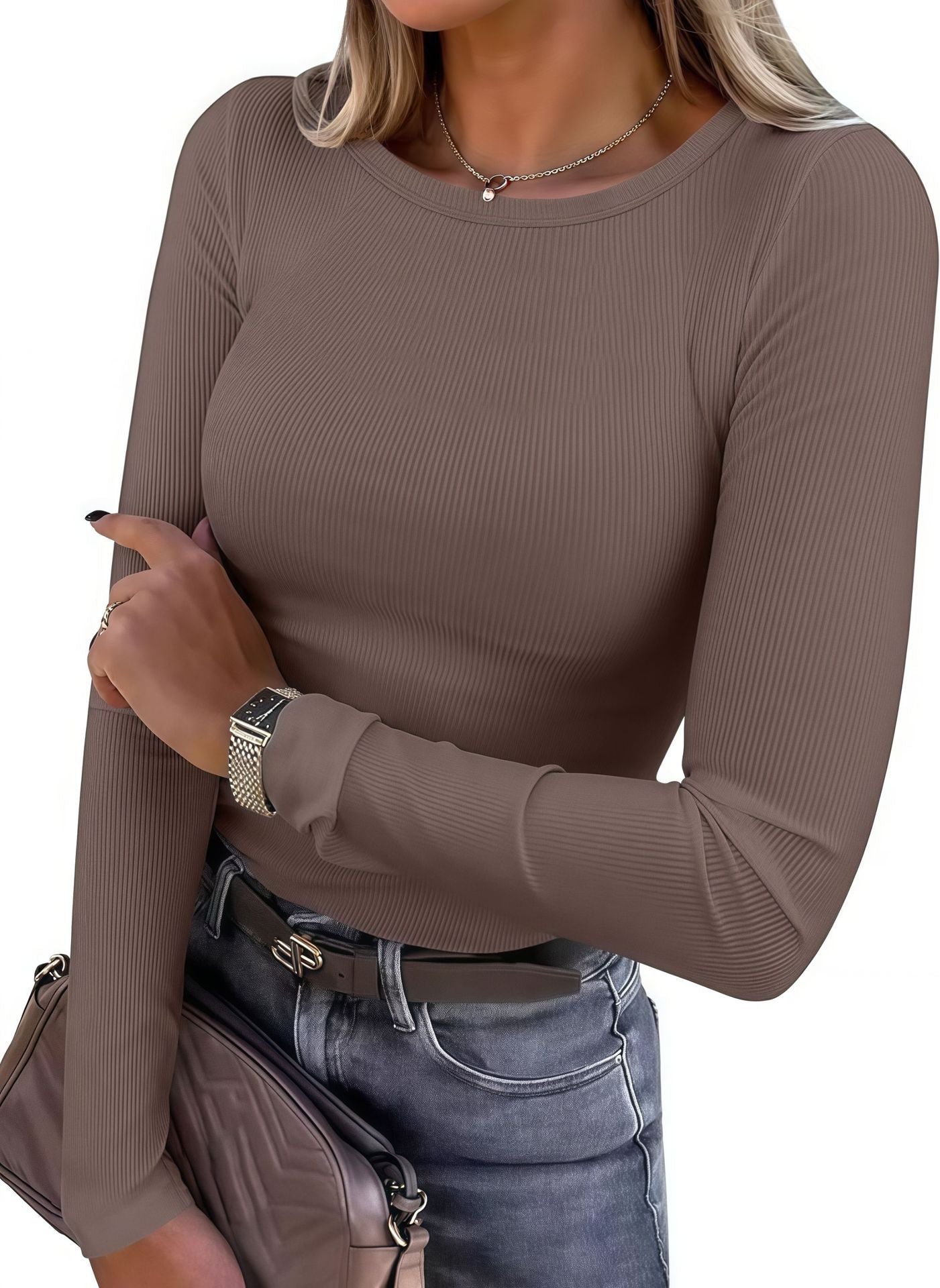 Women's long-sleeved shirt with structured rib design and subtle round neckline NOVAE