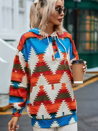 Women's hooded sweatshirt with creative color pattern and practical buttons NOVAE