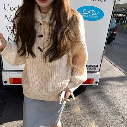 Women's chunky knit sweater with cable pattern and button details NOVAE