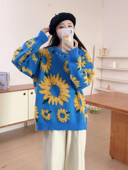 Women's chunky knit sweater with floral appliqués NOVAE