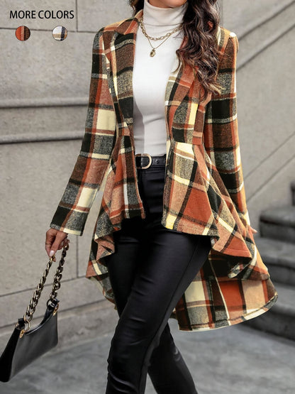 Women's elegant and flowing checked jacket with asymmetrical hem NOVAE