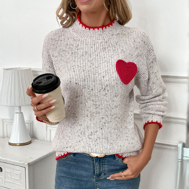 Women's knitted sweater with heart appliqué and decorative hem NOVAE