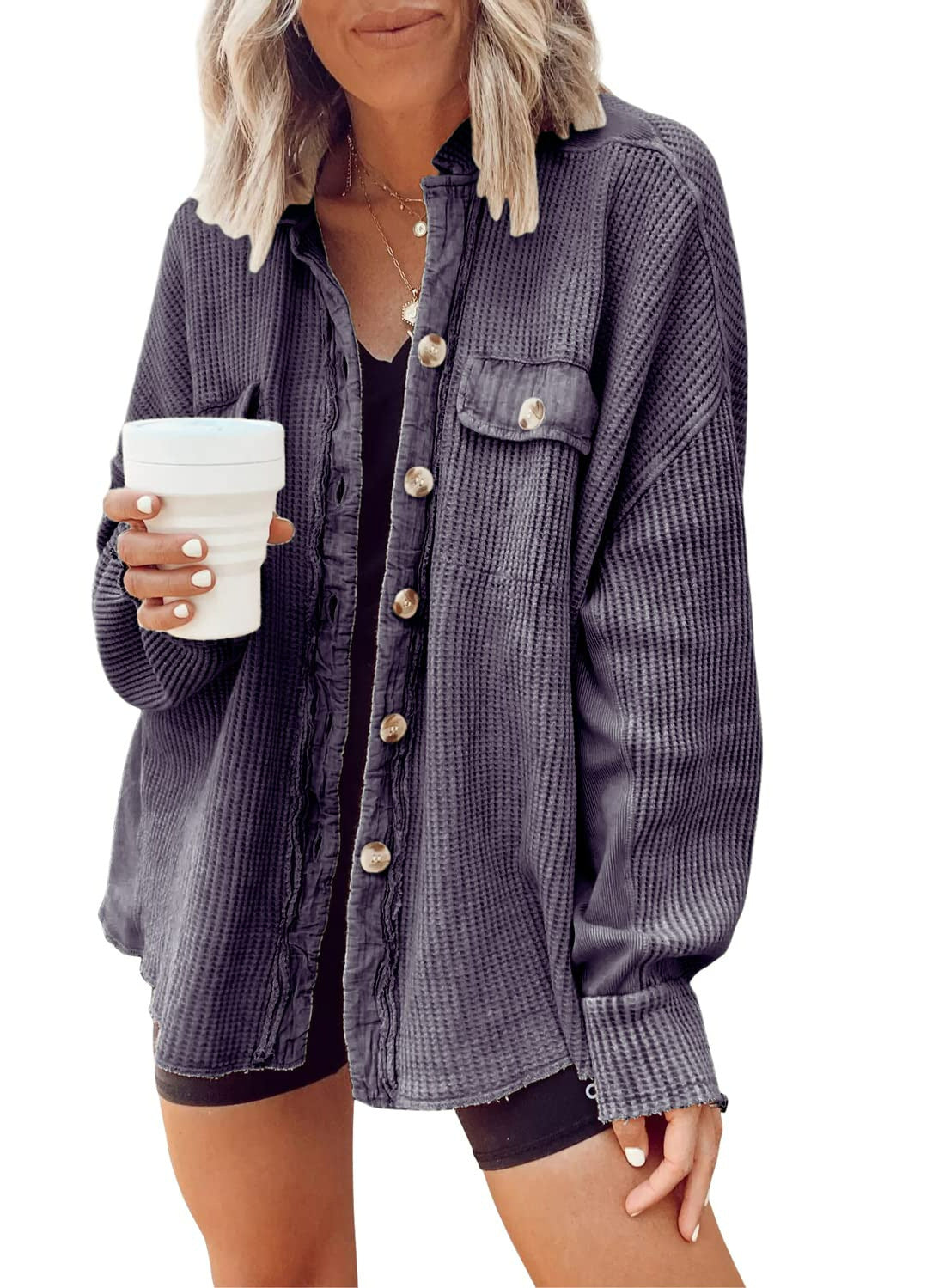 Women's Oversized Waffle Textured Shirt Jacket NOVAE