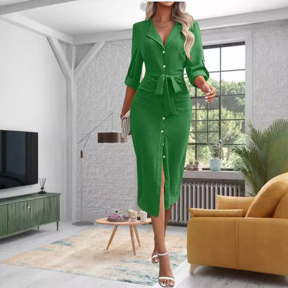 Women's Knee-Length Shirt Dress with Waist Belt NOVAE