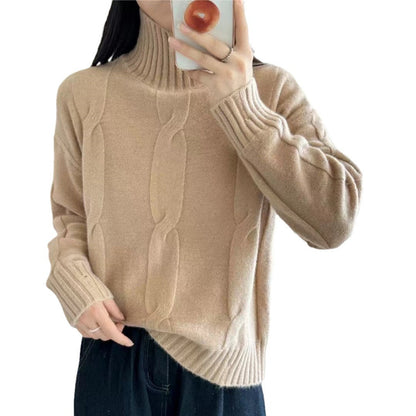 Women's knitted sweater with high collar and cable pattern NOVAE