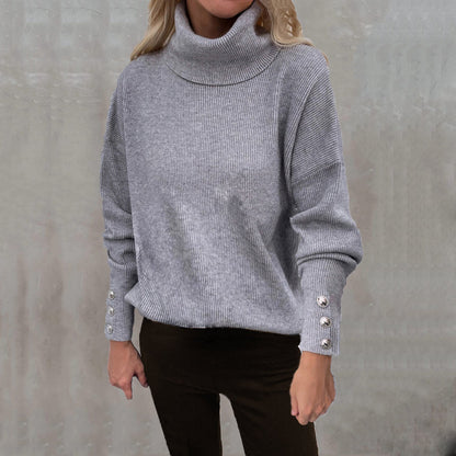Women's roll-neck sweater with striped design and decorative buttons NOVAE