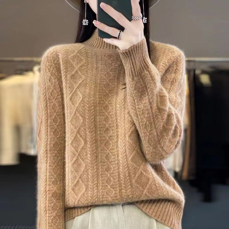Women's High-Quality Knit Sweater with Stand-Up Collar and Cable Knit Design NOVAE