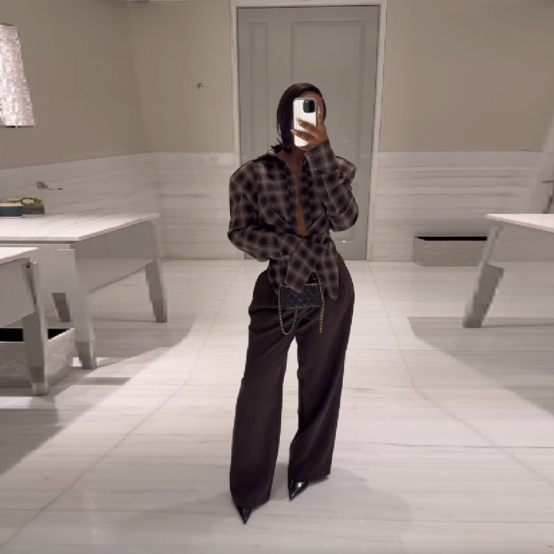 Women's wide-cut plaid blouse with innovative collar NOVAE