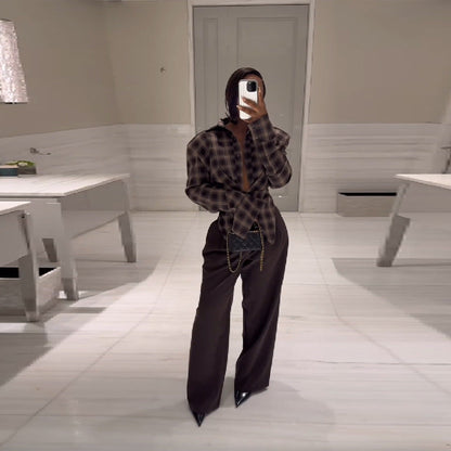 Women's wide-cut plaid blouse with innovative collar NOVAE