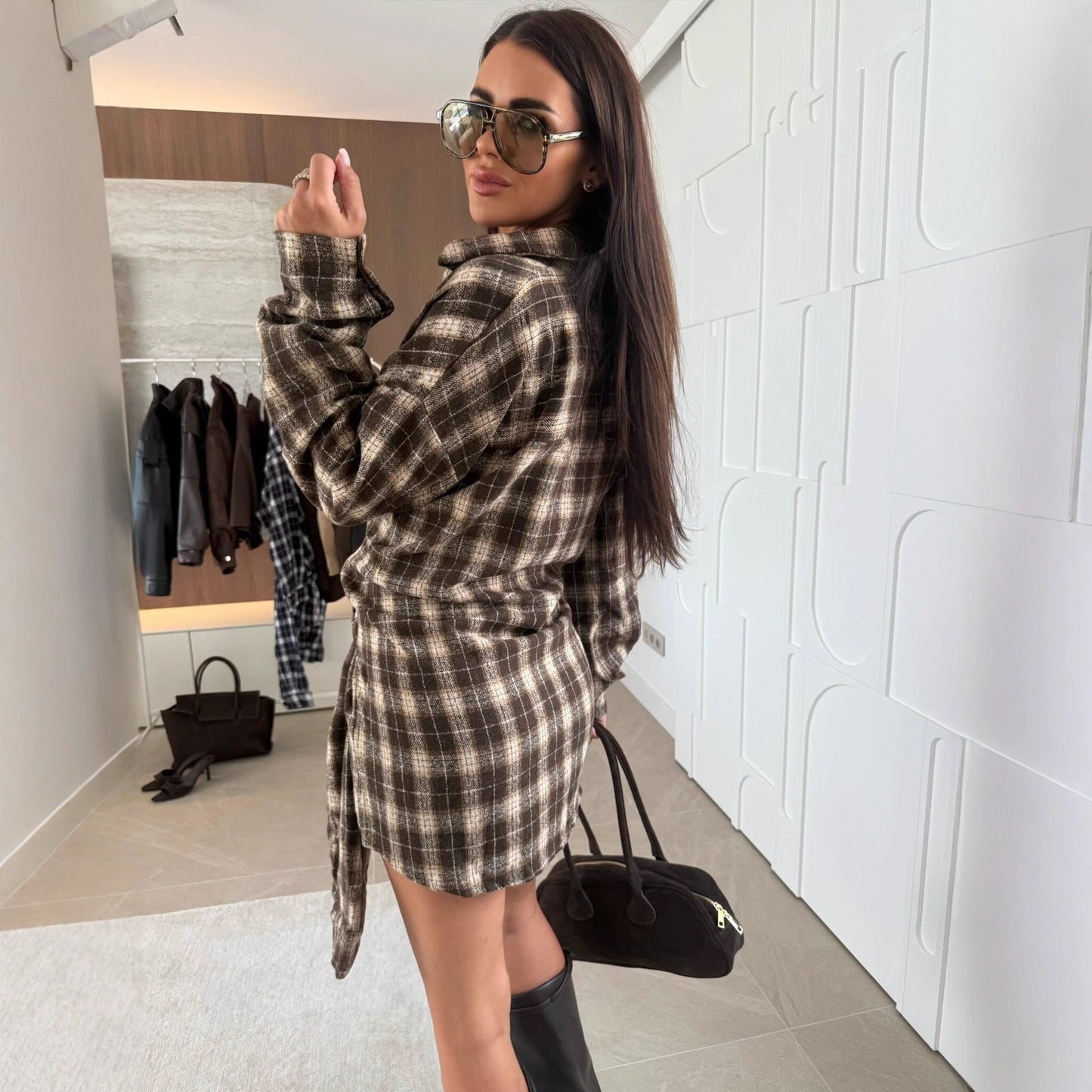 Women's shirt dress in a casual plaid design with adjustable waist belt NOVAE