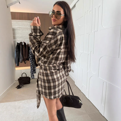Women's shirt dress in a casual plaid design with adjustable waist belt NOVAE