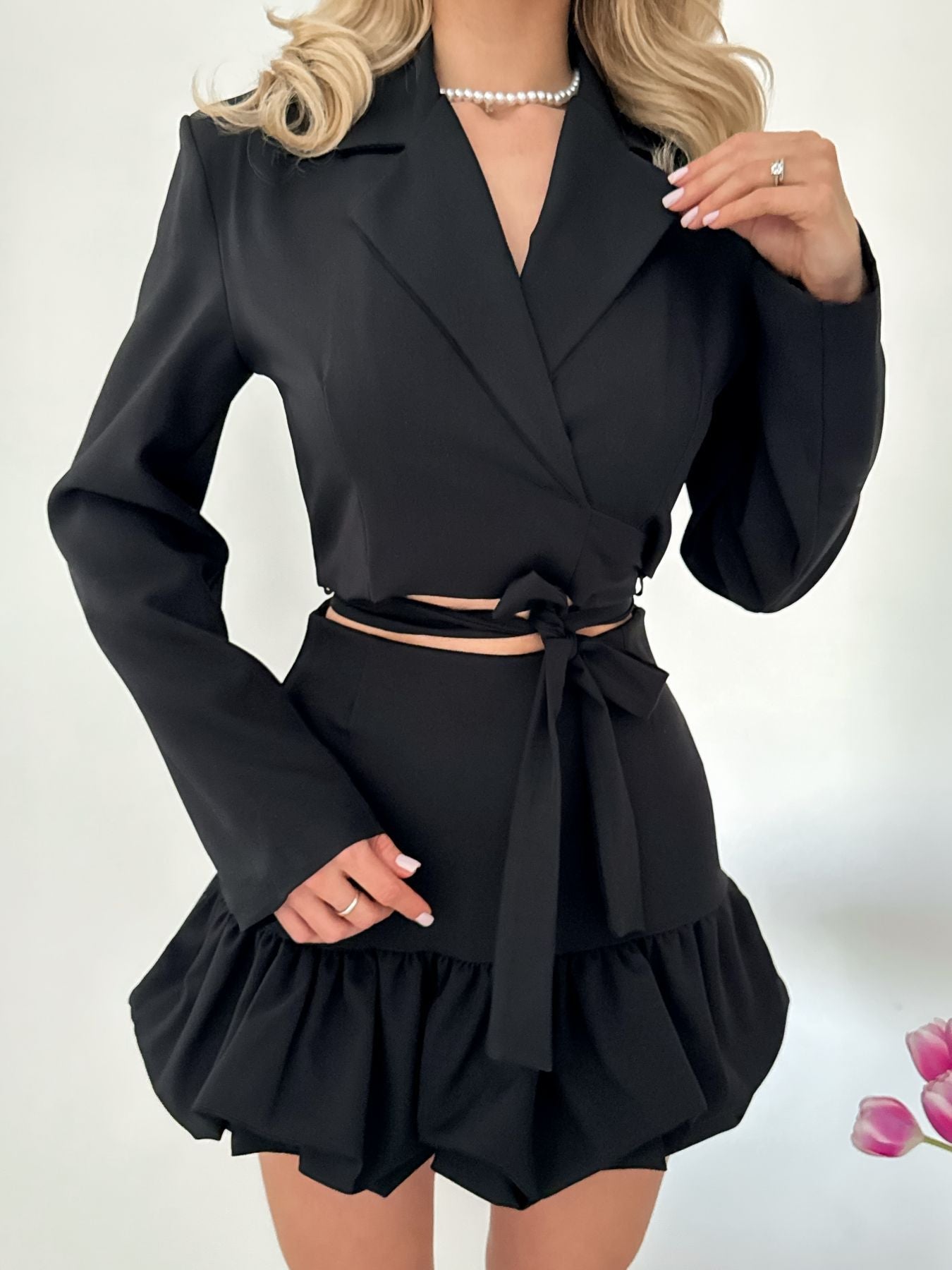 Women's elegant blazer and skirt set with ruffle details NOVAE