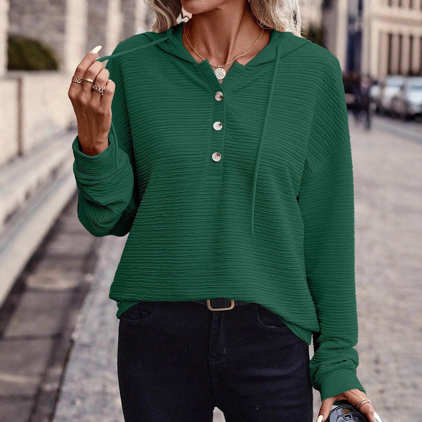 Women's hooded shirt with button placket and textured surface NOVAE