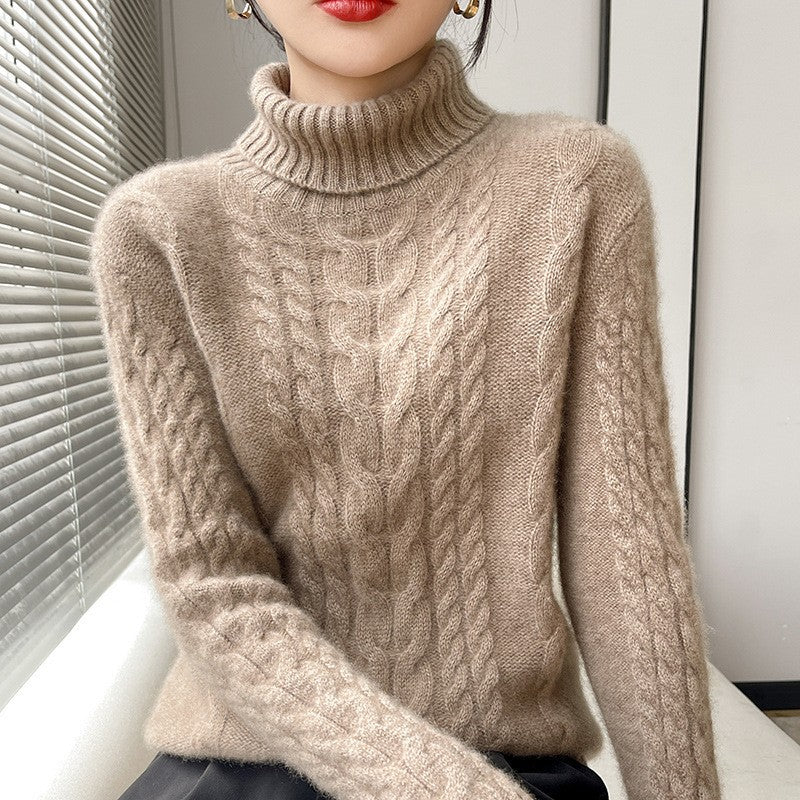 Women's chunky knit sweater with high collar and textured cable pattern NOVAE