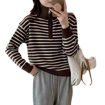 Women's knitted sweater with short zipper and fashionable striped pattern NOVAE