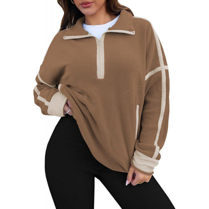 Women's fleece pullover with half zipper and contrasting sleeves NOVAE