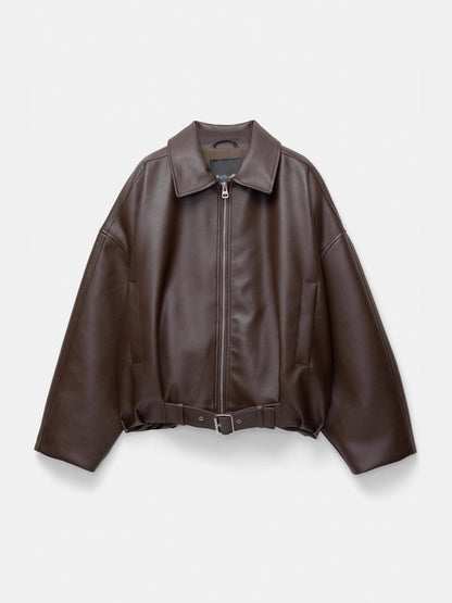 Women's casual faux leather jacket with wide collar and belt NOVAE