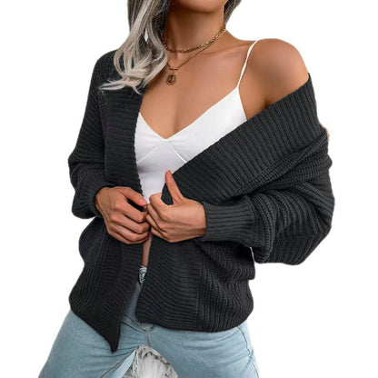 Women's chunky knit cardigan with wide sleeves and open V-neck NOVAE