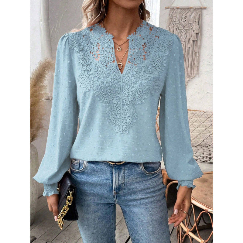 Women's blouse with embroidered V-neck and long sleeves NOVAE