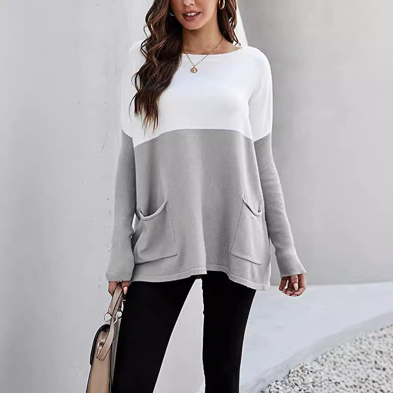 Women's knit sweater with large front pockets and contrasting design NOVAE