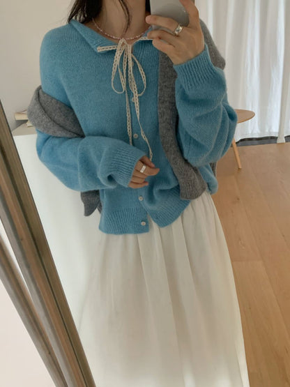 Women's casual knit cardigan with drawstring and fine texture NOVAE