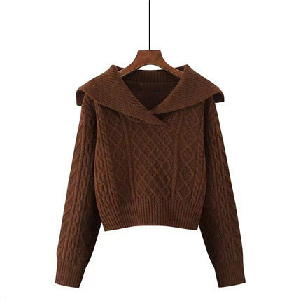 Women's knitted sweater with wide collar and sophisticated cable pattern NOVAE