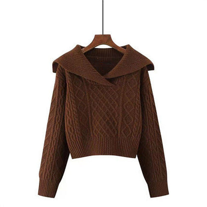 Women's knitted sweater with wide collar and sophisticated cable pattern NOVAE