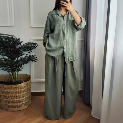 Women's linen set with wide-leg trousers and casual blouse NOVAE