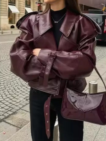 Women's Trendy Oversized Leather Jacket with Structured Shoulder Pads and Waist Belt NOVAE