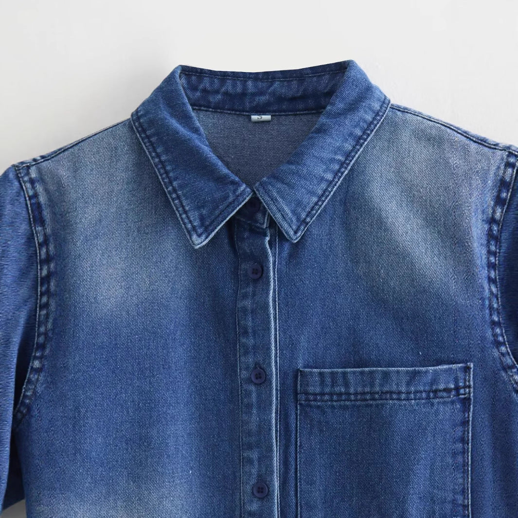 Women's denim shirt with practical chest pocket and fashionable washed effect NOVAE