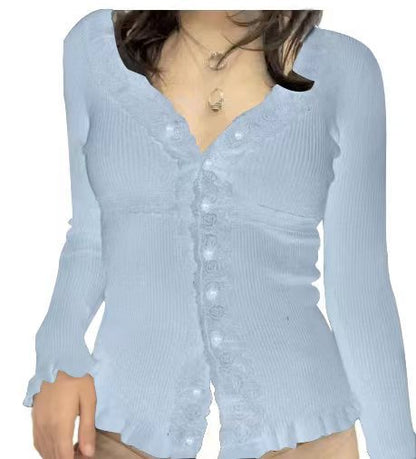 Women's knitted top with romantic lace trim and ruffle details NOVAE