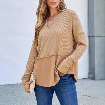 Women's casual knit sweater with V-neck and texture NOVAE