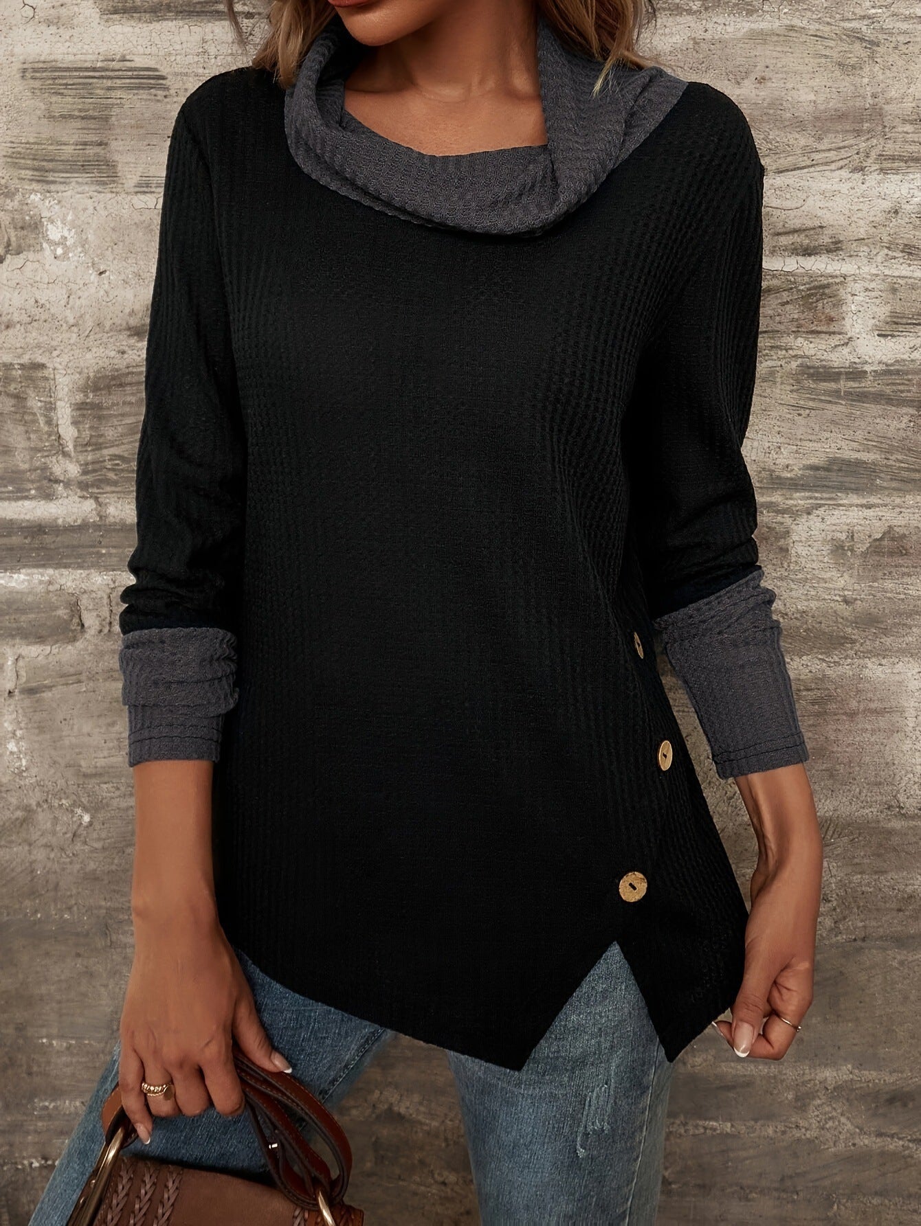 Women's fashionable top with asymmetrical hem and chic collar NOVAE