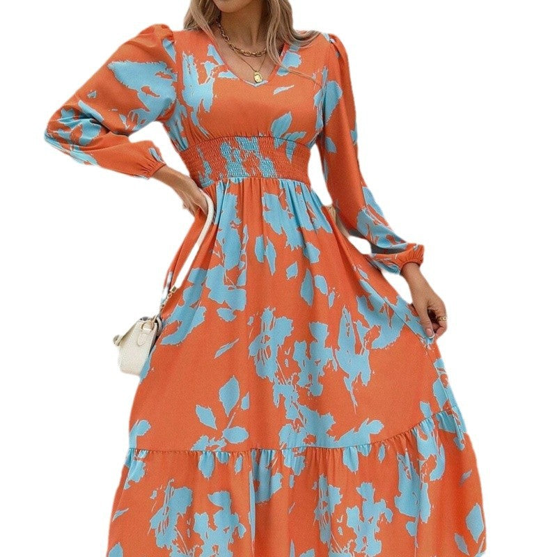 Women's long-sleeved maxi dress with floral patterns and voluminous sleeves NOVAE