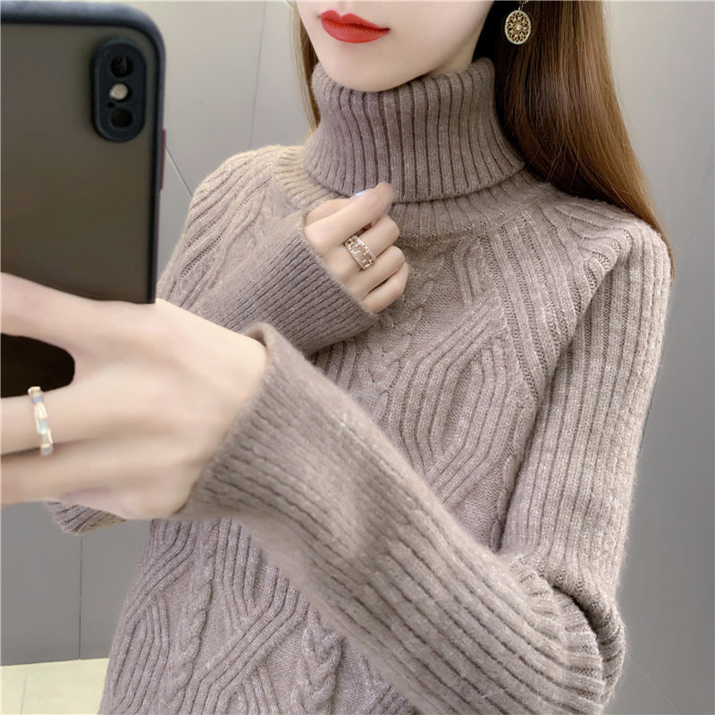 Women's knitted sweater with high collar and fine cable pattern NOVAE