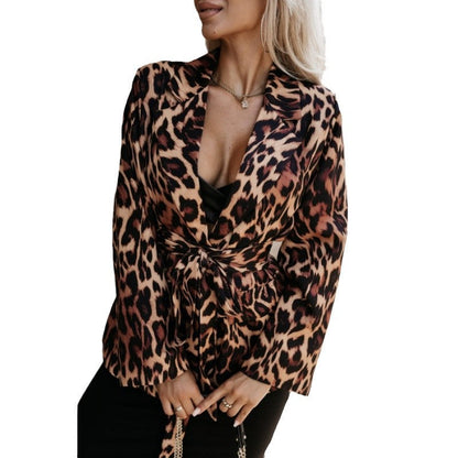 Women's Fashionable Leopard Print Blazer with Tie Belt NOVAE