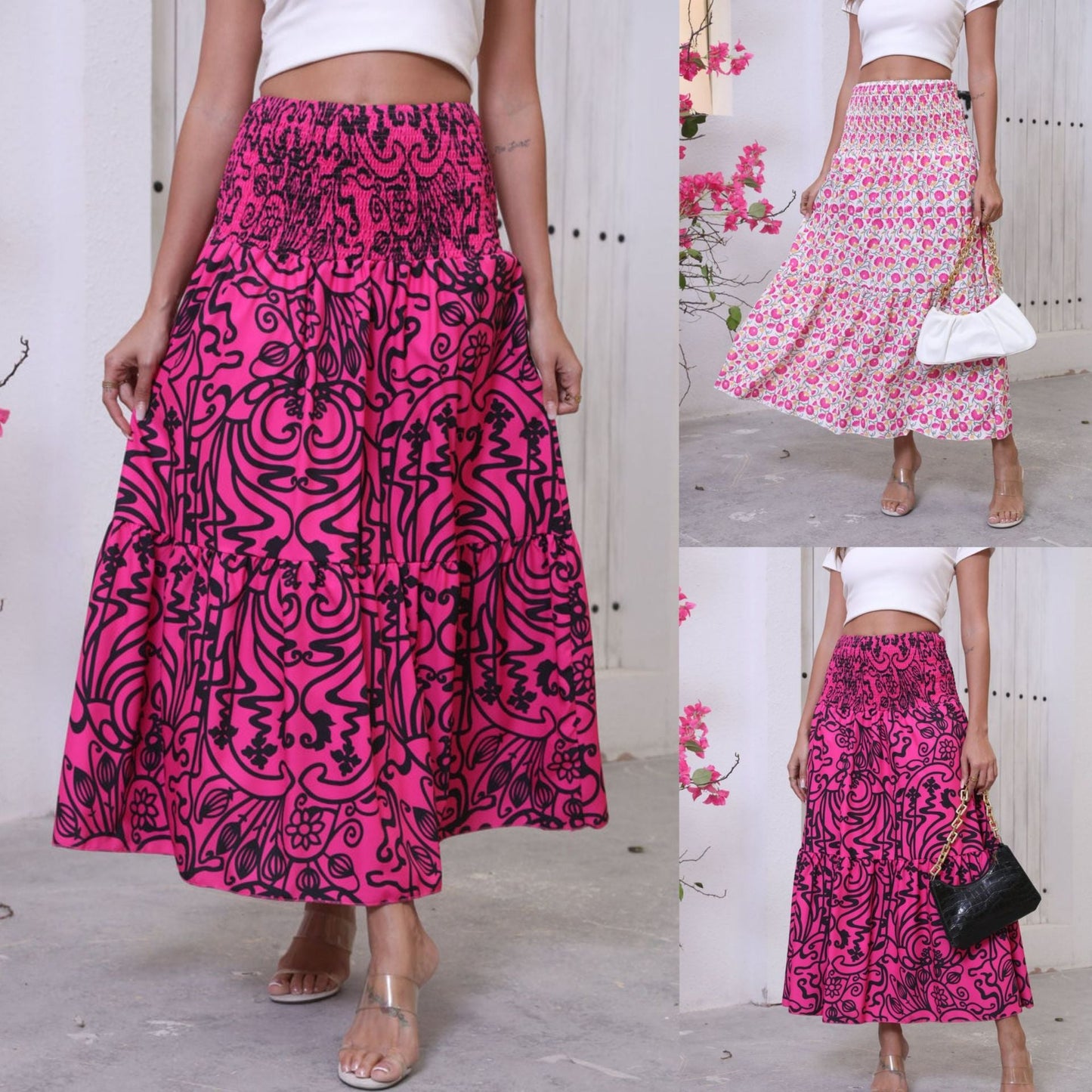 Women's maxi skirt with voluminous, cheerful patterns and elastic waistband NOVAE