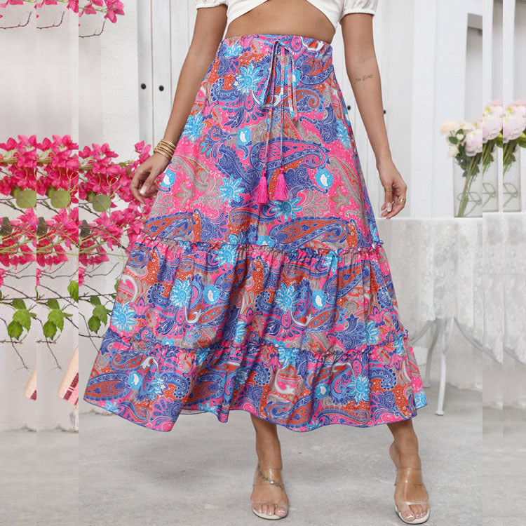 Women's long maxi skirt with cheerful tiered design and elastic waistband NOVAE