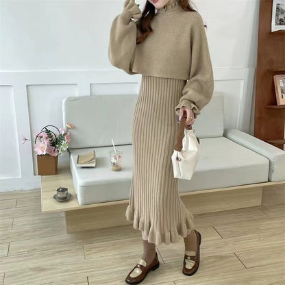 Women's knit dress with high neckline and ribbed texture NOVAE