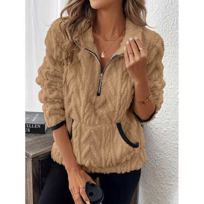 Women's fluffy teddy sweater with half zipper and high collar NOVAE
