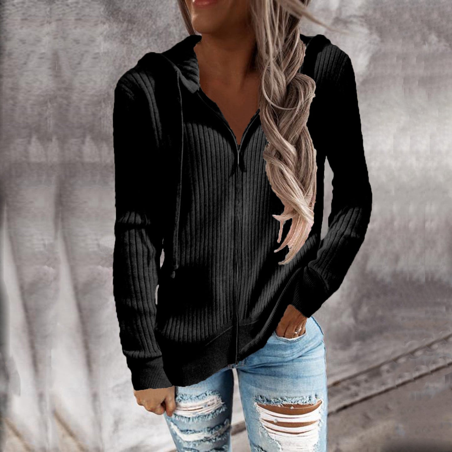 Women's cardigan with hood and ribbed texture NOVAE