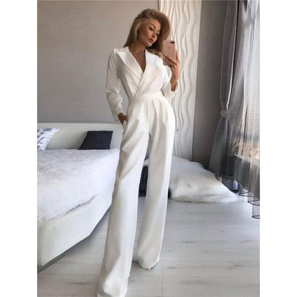Women's elegant jumpsuit with long legs and classic mock collar NOVAE